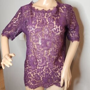 Anthropologie Vanessa Virginia Purple Lace Sheer Short Sleeve Top Size Medium